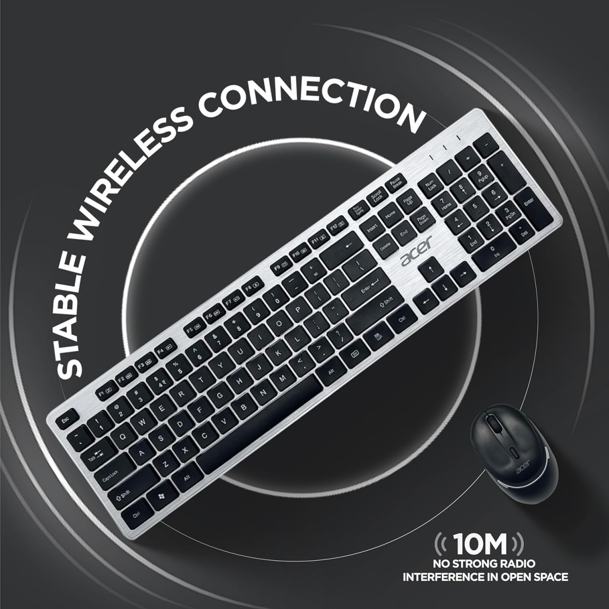 Acer Fusion Wireless Keyboard and Mouse Combo, Durable Stylish Design, 2.4GHz Nano Receiver, 10m Range, Indian Rupee Key, Adjustable DPI (800/1200/1600), Compatible with Windows & Mac (Black & Silver)