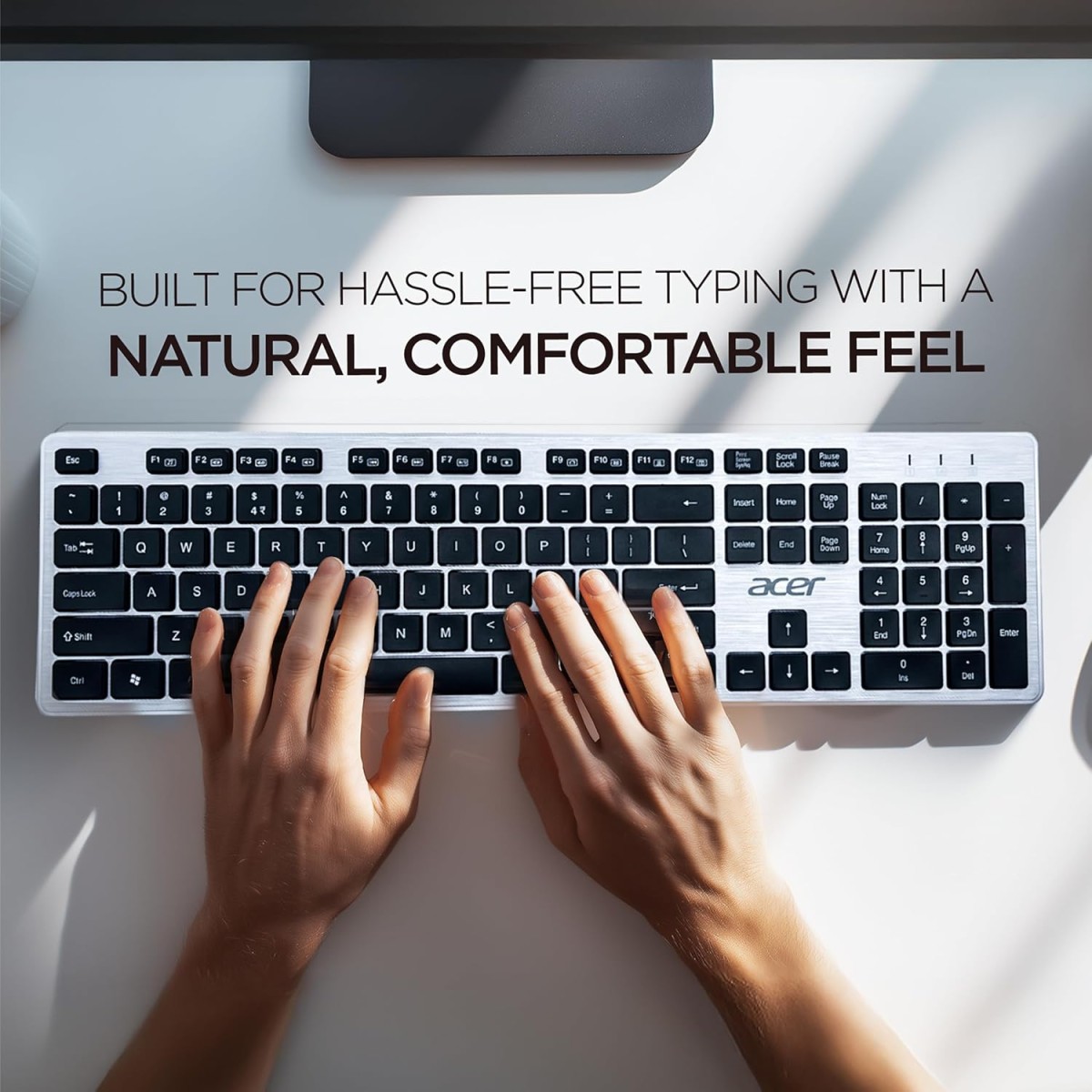 Acer Fusion Wireless Keyboard and Mouse Combo, Durable Stylish Design, 2.4GHz Nano Receiver, 10m Range, Indian Rupee Key, Adjustable DPI (800/1200/1600), Compatible with Windows & Mac (Black & Silver)