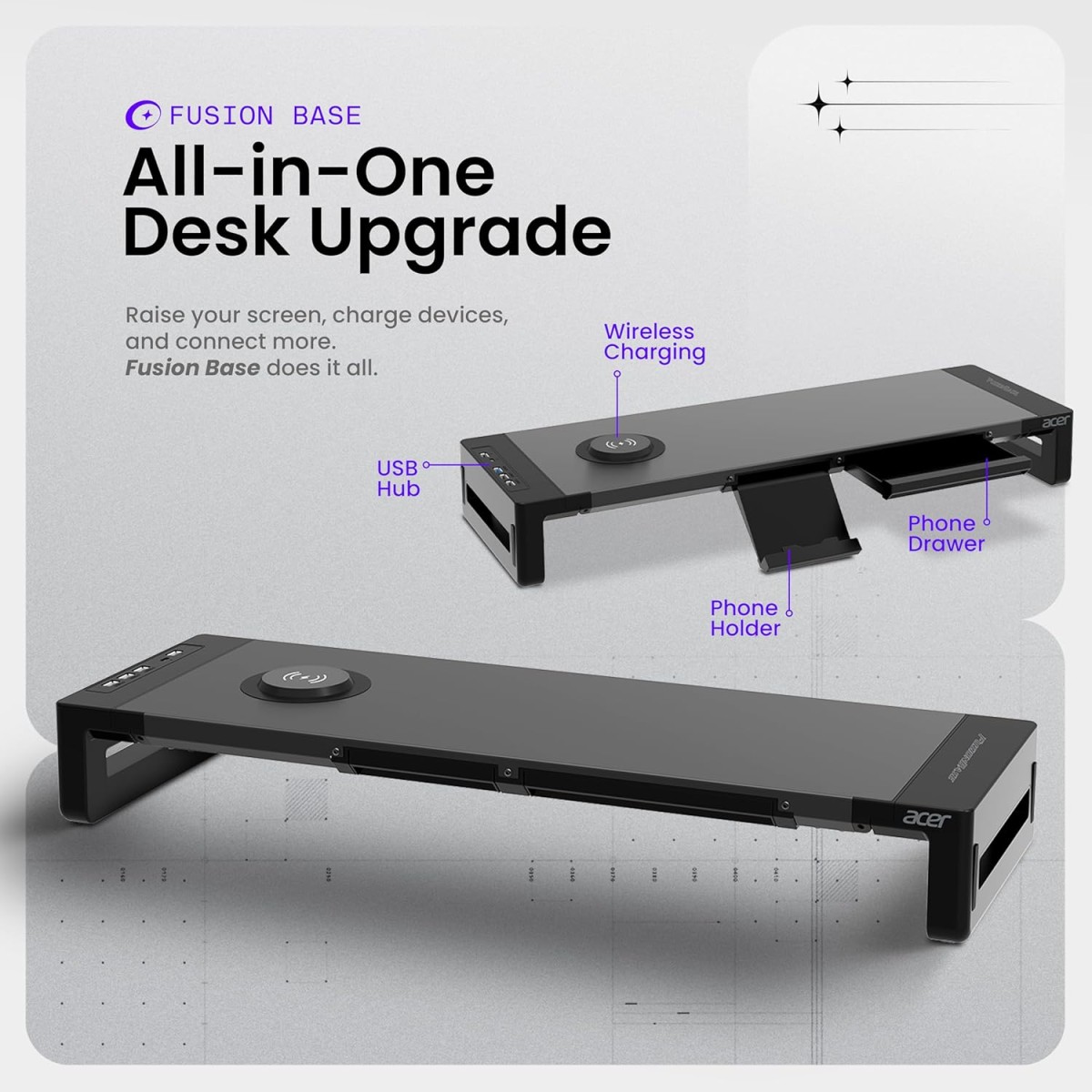 Acer FusionBase Monitor & Laptop Stand | Foldable ABS + Metal Build | USB Fast Charging 1x Type-C & 1x Type A + 3×Data Ports incl. USB 3.0 Black