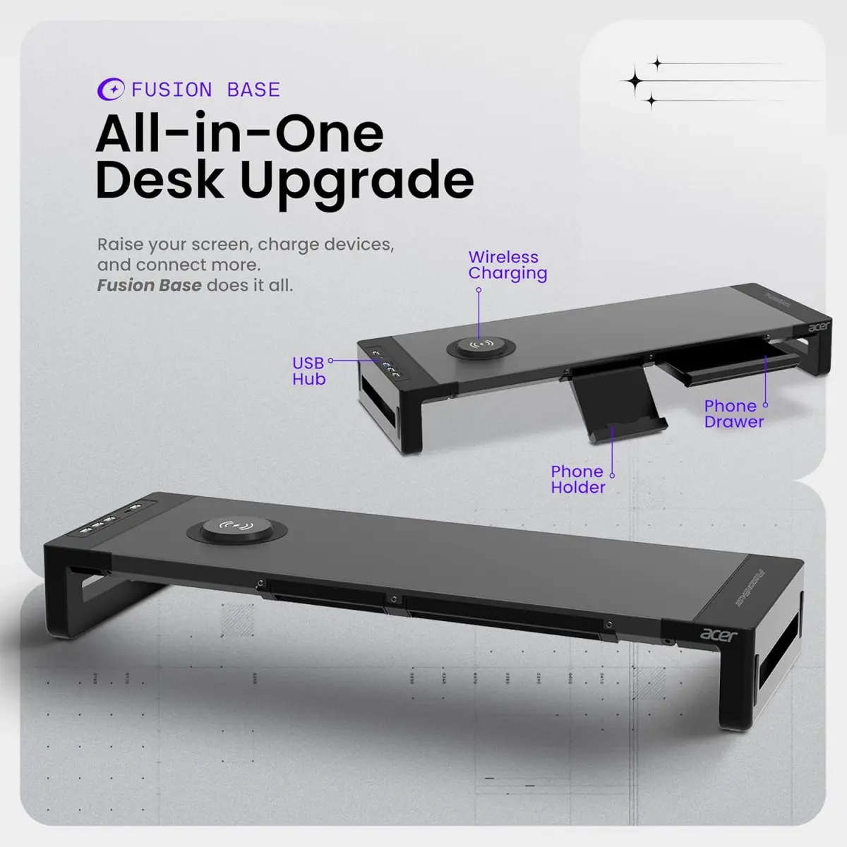 Acer FusionBase Monitor & Laptop Stand | Foldable ABS + Metal Build | USB Fast Charging 1x Type-C & 1x Type A + 3×Data Ports incl. USB 3.0 Black