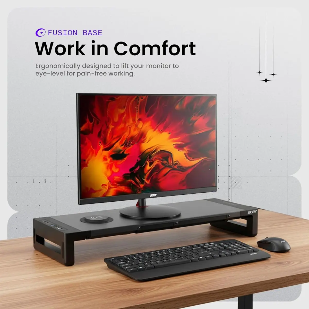 Acer FusionBase Monitor & Laptop Stand | Foldable ABS + Metal Build | USB Fast Charging 1x Type-C & 1x Type A + 3×Data Ports incl. USB 3.0 Black