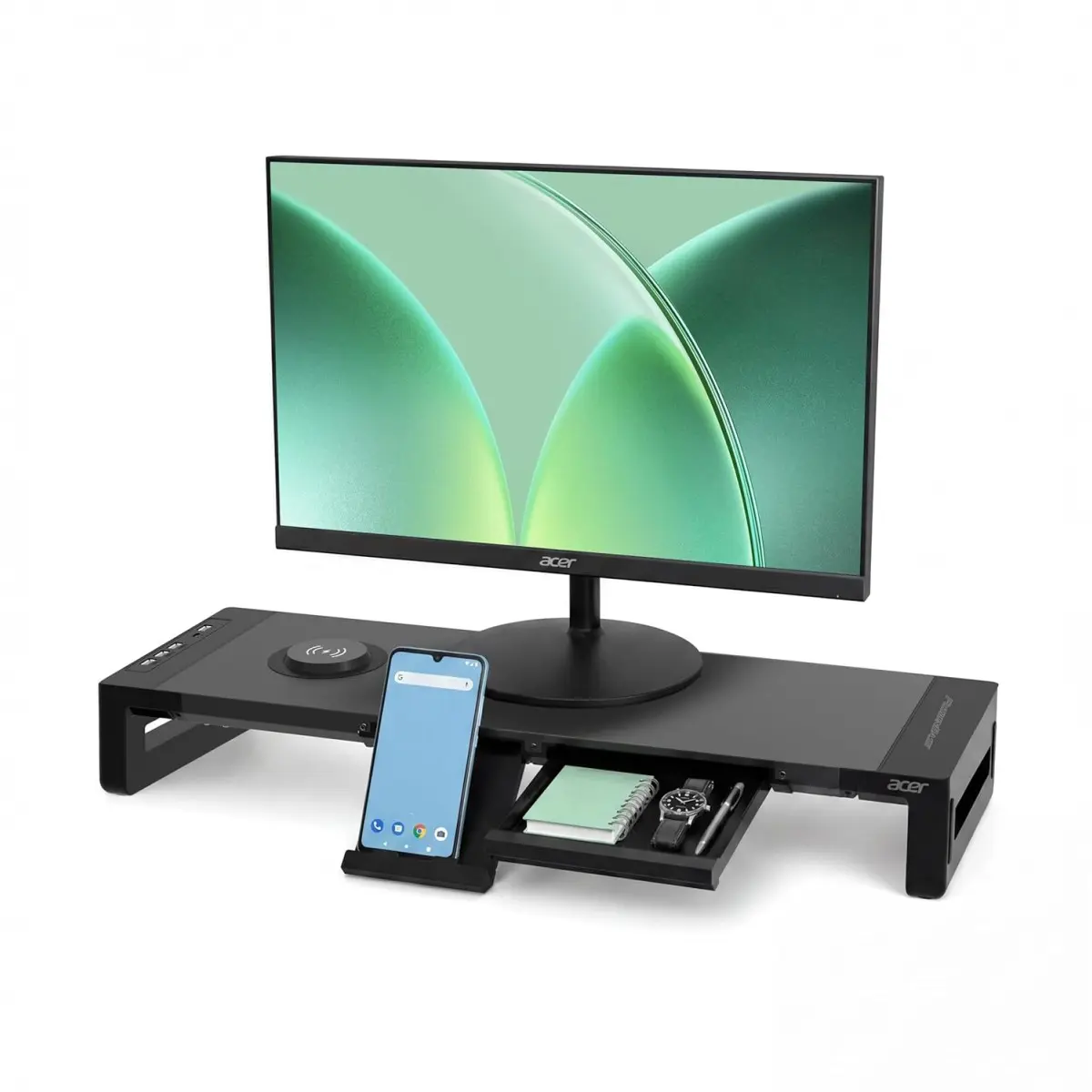 Acer FusionBase Monitor & Laptop Stand | Foldable ABS + Metal Build | USB Fast Charging 1x Type-C & 1x Type A + 3×Data Ports incl. USB 3.0 Black