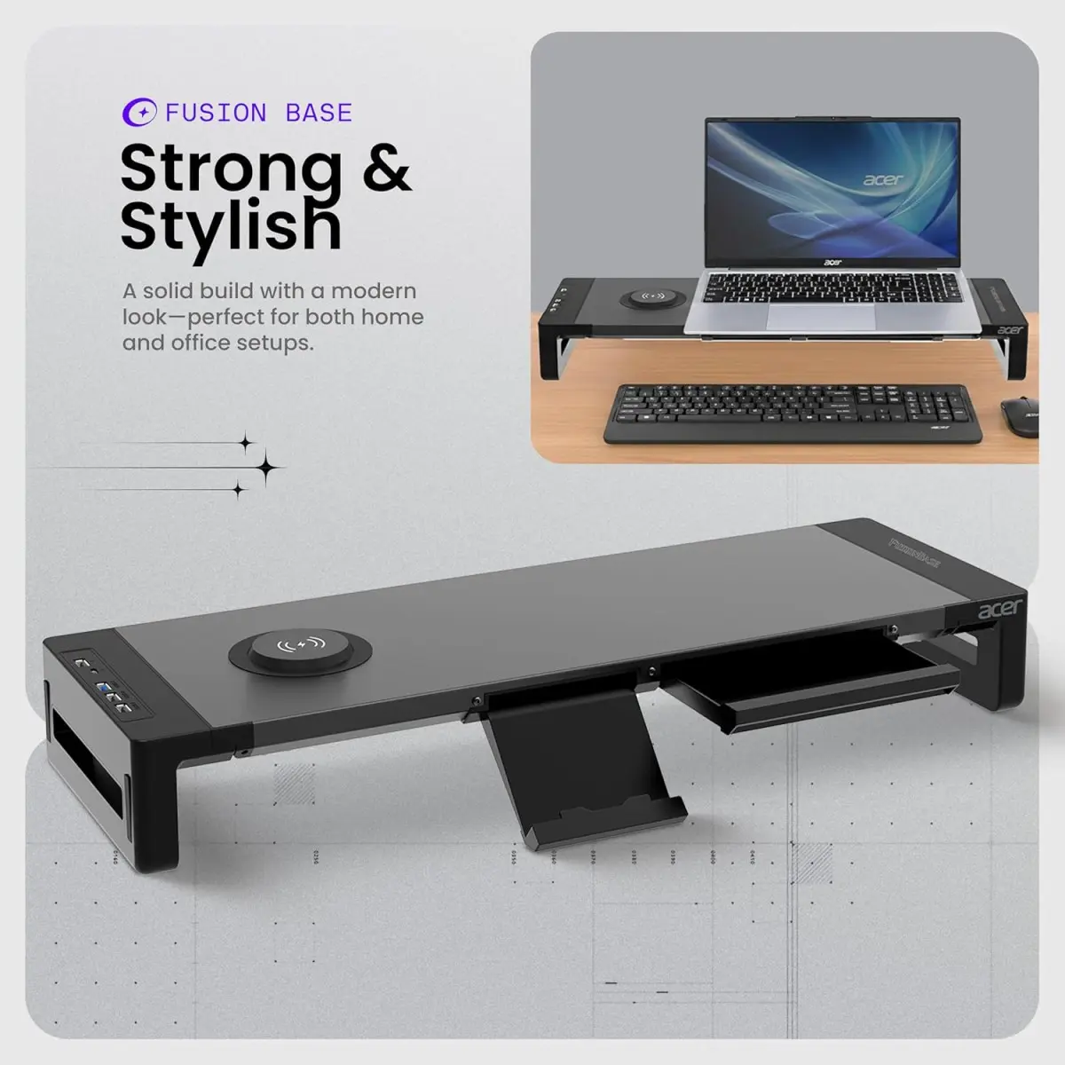 Acer FusionBase Monitor & Laptop Stand | Foldable ABS + Metal Build | USB Fast Charging 1x Type-C & 1x Type A + 3×Data Ports incl. USB 3.0 Black