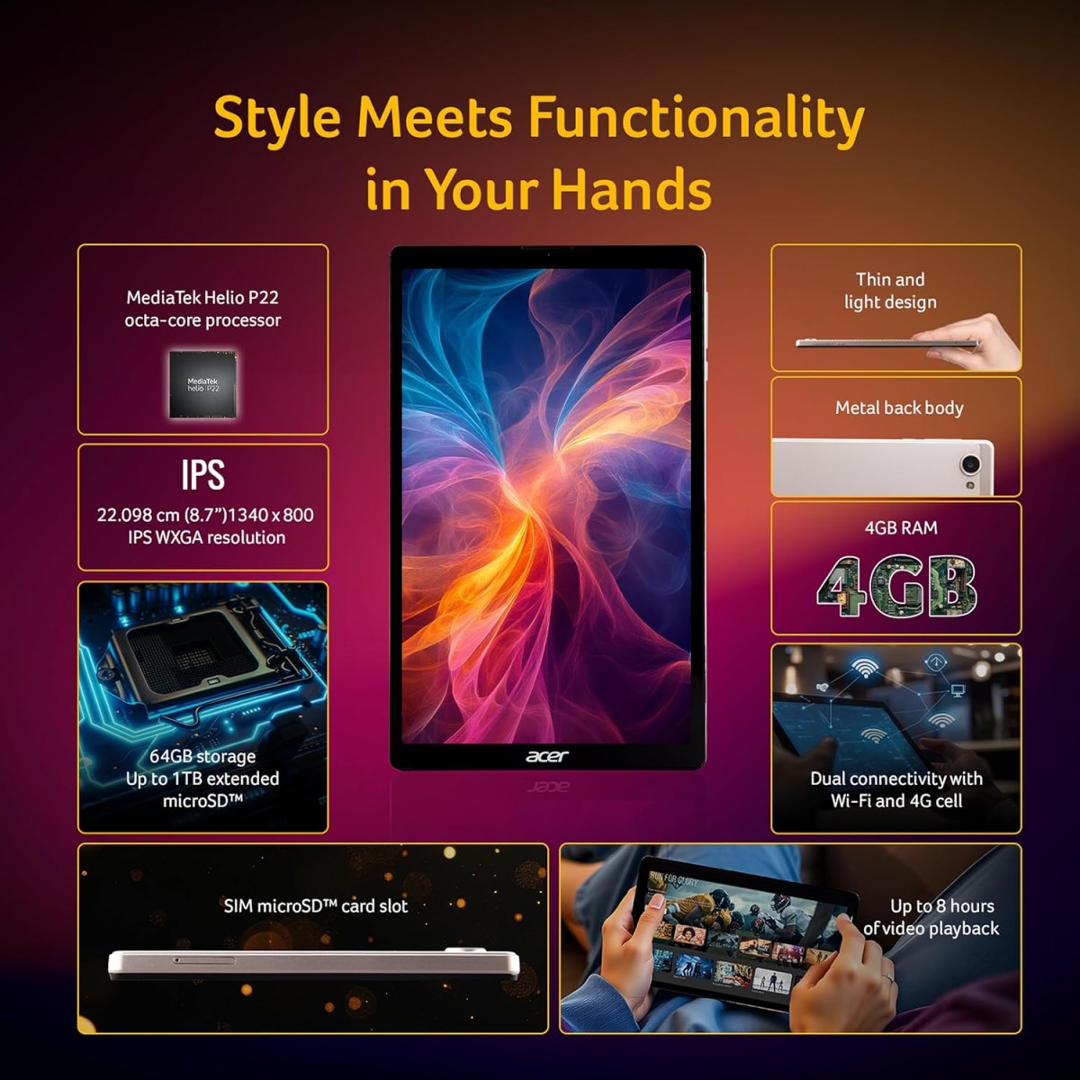 Acer Iconia Tablet iM9-12M,22.09 cm (8.7") WXGA IPS Display, 400 Nits, 4GB /64GB eMMC, 8+5 MP Dual-Camera, Slim Metal Body, Wi-Fi5+4G LTE, Android 14, BT 5.2, Silver.Free Flipcover & Wired Earphone