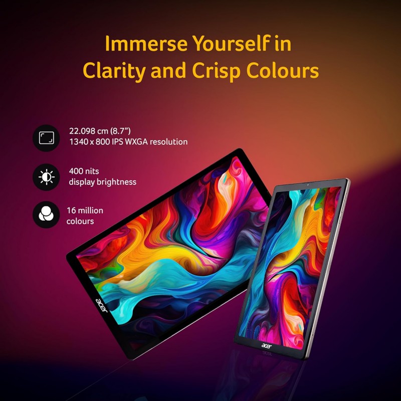 Acer Iconia Tablet iM9-12M,22.09 cm (8.7") WXGA IPS Display, 400 Nits, 4GB /64GB eMMC, 8+5 MP Dual-Camera, Slim Metal Body, Wi-Fi5+4G LTE, Android 14, BT 5.2, Silver.Free Flipcover & Wired Earphone Acer Iconia Tablet iM9-12M,22.09 cm (8.7") WXGA IPS Display, 400 Nits, 4GB /64GB eMMC, 8+5 MP Dual-Camera, Slim Metal Body, Wi-Fi5+4G LTE, Android 14, BT 5.2, Silver.Free Flipcover & Wired Earphone