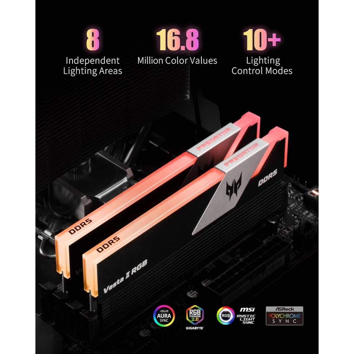 Acer Predator Vesta II DDR5 RGB RAM 32GB Kit (16GBx2) 5200MHz (PC5-41600) C38 Desktop Memory 1.25V with Temperature Sensor - BL.9BWWR.316 Acer Predator Vesta II DDR5 RGB RAM 32GB Kit (16GBx2) 5200MHz (PC5-41600) C38 Desktop Memory 1.25V with Temperature Sensor - BL.9BWWR.316