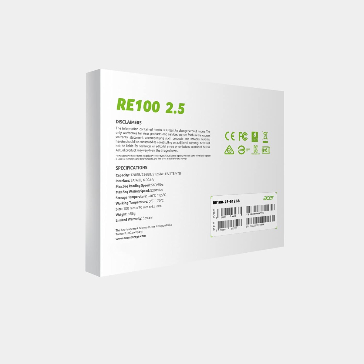 Acer RE100 512GB 3D NAND SATA 2.5 inch(6.35cm) Internal SSD-562MB/s R, 529MB/s W Speed