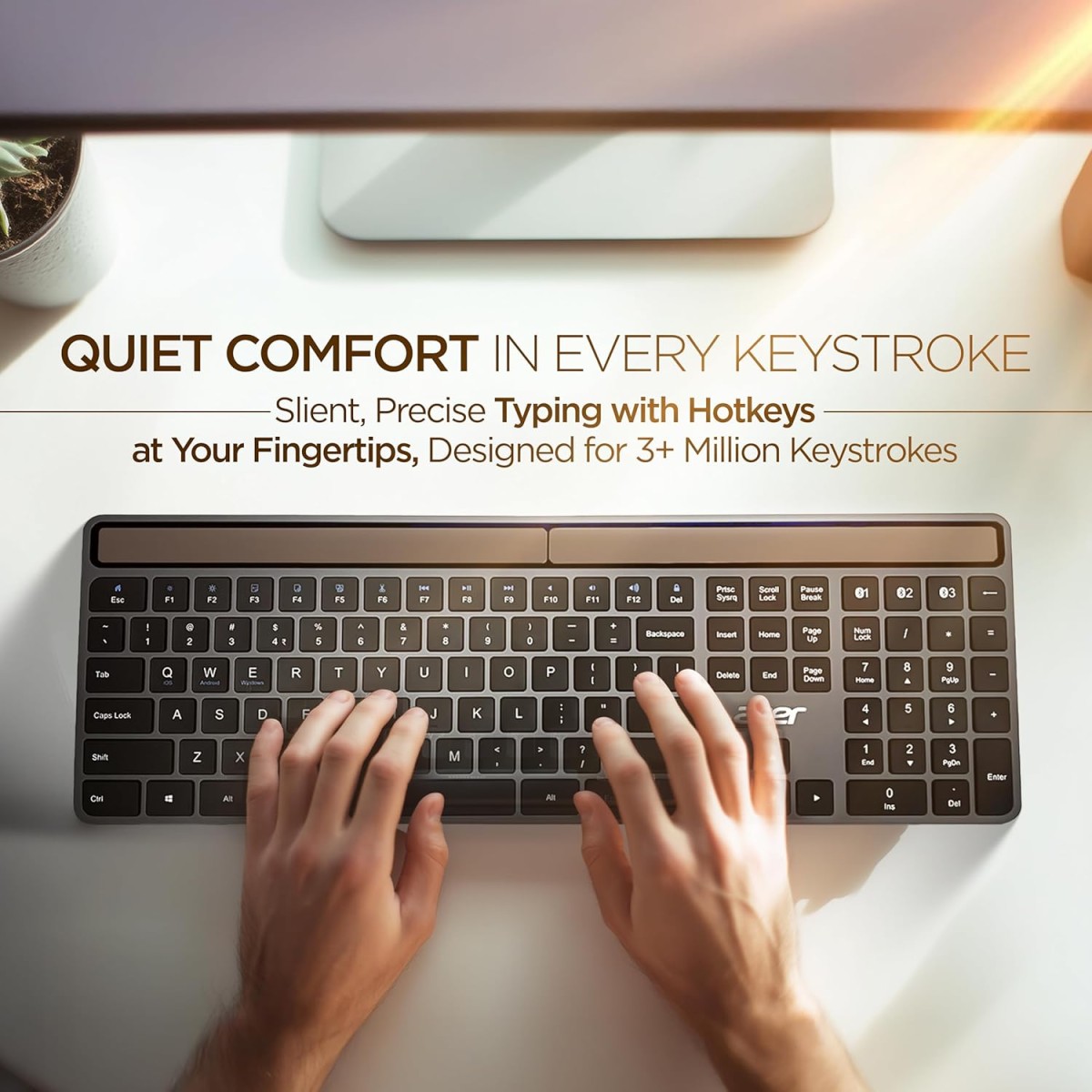 Acer Solaris Solar Powered Bluetooth Keyboard, 109-Key Wireless Keyboard with Super-Capacitor, Multi-Device BT 5.0, Type-C Emergency Charging, 10m Range, for Windows, Mac, Android, Space Grey Acer Solaris Solar Powered Bluetooth Keyboard, 109-Key Wireless Keyboard with Super-Capacitor, Multi-Device BT 5.0, Type-C Emergency Charging, 10m Range, for Windows, Mac, Android, Space Grey