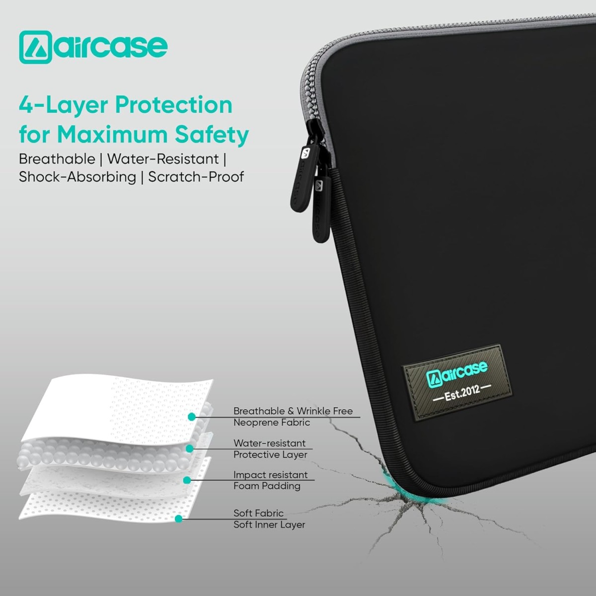 AirCase Neoprene Laptop Sleeve Case Cover for 14.1 Inch MacBook, Dell, HP, Lenovo, More| Water-Resistant, Shockproof Padding, Scratch-Proof| Slim Fit, Wrinkle Free, TSA Security Friendly (Black-Grey)