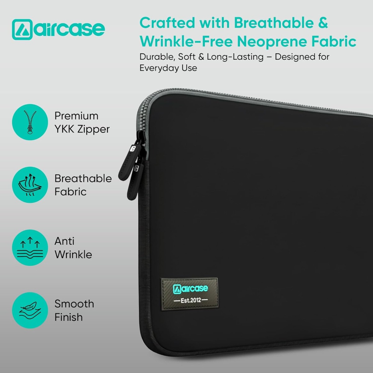 AirCase Neoprene Laptop Sleeve Case Cover for 14.1 Inch MacBook, Dell, HP, Lenovo, More| Water-Resistant, Shockproof Padding, Scratch-Proof| Slim Fit, Wrinkle Free, TSA Security Friendly (Black-Grey)