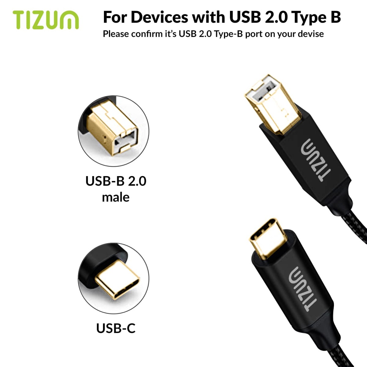 AirCase Tizum High Speed Usb Type C To Usb B 2.0 Printer Cable Cord|Nylon Braided Fiber Jacket, Gold Plated Connectors