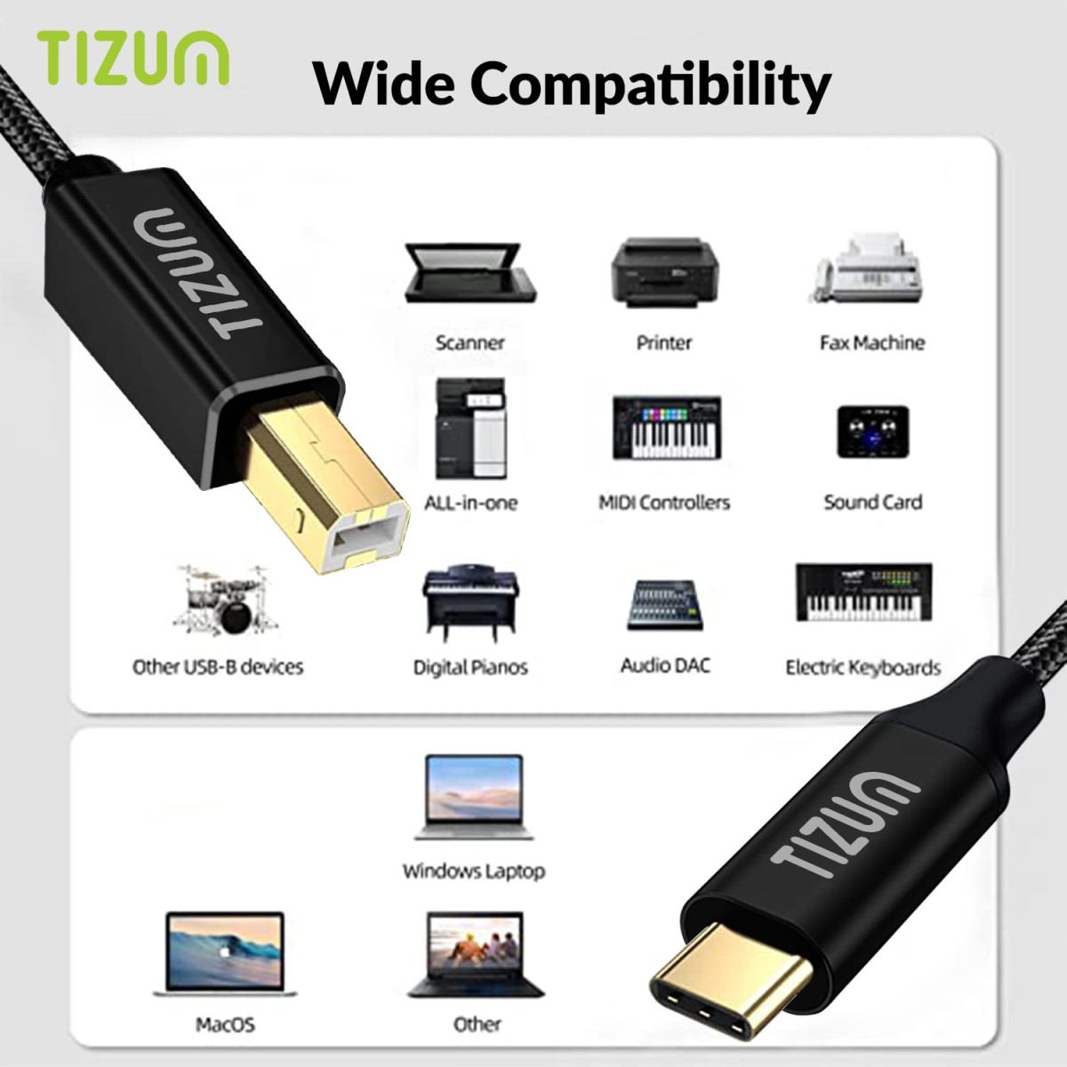 AirCase Tizum High Speed Usb Type C To Usb B 2.0 Printer Cable Cord|Nylon Braided Fiber Jacket, Gold Plated Connectors