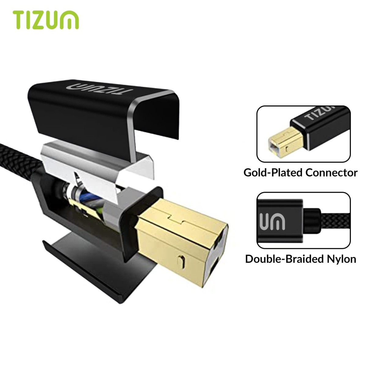 AirCase Tizum High Speed Usb Type C To Usb B 2.0 Printer Cable Cord|Nylon Braided Fiber Jacket, Gold Plated Connectors