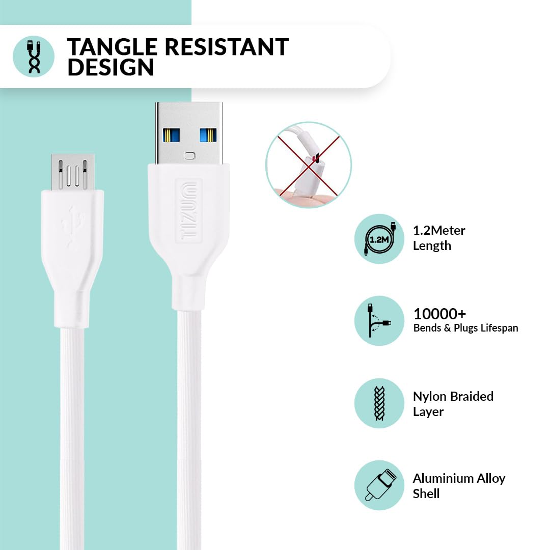 AirCase Tizum Usb To Micro 2A Fast Charging Cable For Android Phones, Laptops, Printers, Silver Plated Connectors,