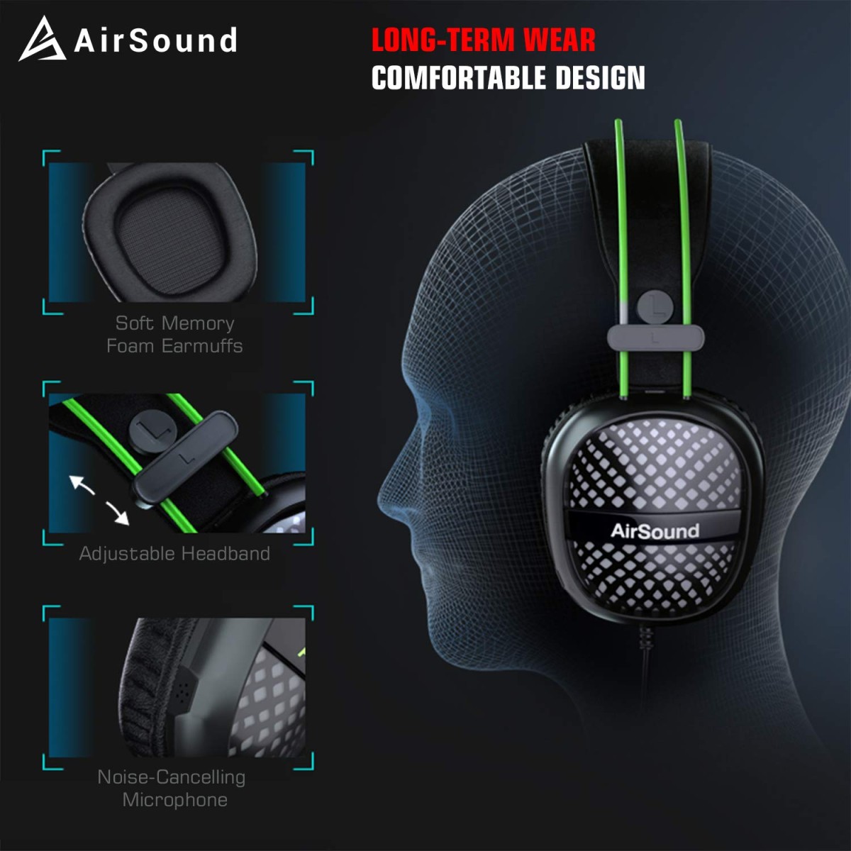 AirSound Alpha-7 Stereo Gaming Headset for Noise Cancelling Over-Ear Headphones