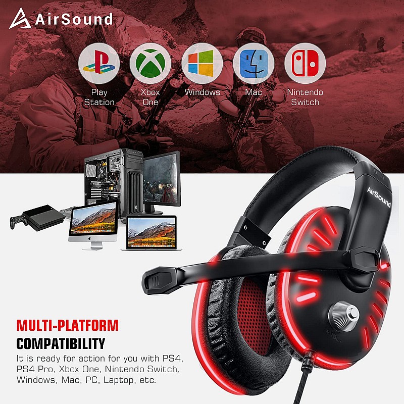 AirSound Alpha-2 Gaming Over-Ear Headset Headphone| Red LED Lights| 7.1 Surround Sound| Noise Cancelling Mic| Volume Control, USB Interface for All Laptop (Alpha-2)