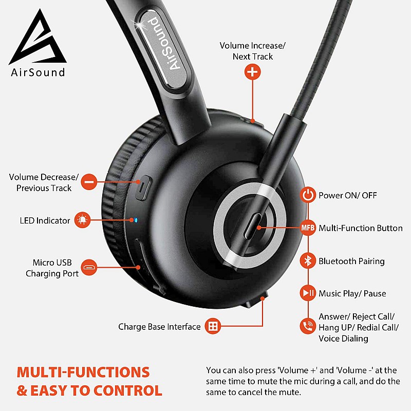 AirSound M97 Pro  Bluetooth , 17 Hr Talk Time, CVC 8.0 Noise-Cancelling  for PC Android