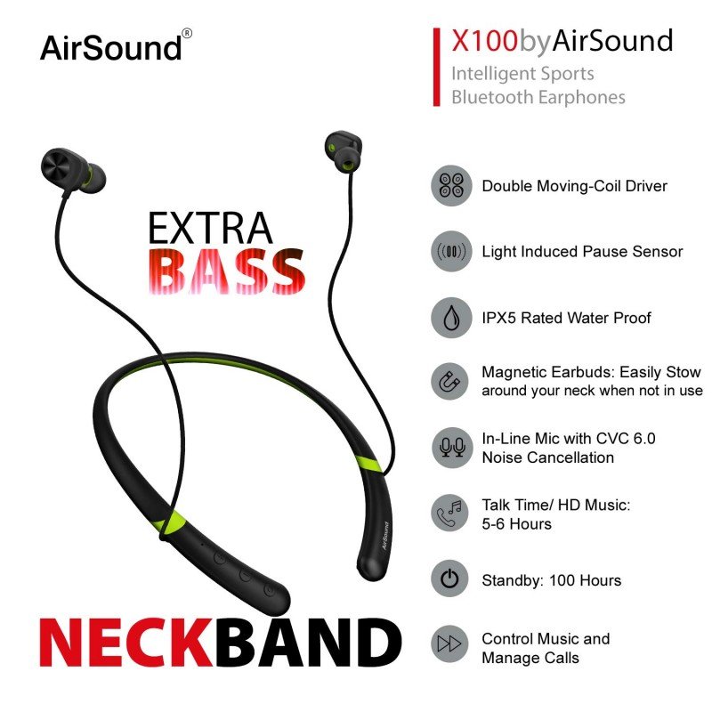 AirSound X100 Sports Wireless Bluetooth in-Ear Headphones, Magnetic Design, HD Stereo Sound & Mic AirSound X100 Sports Wireless Bluetooth in-Ear Headphones, Magnetic Design, HD Stereo Sound & Mic