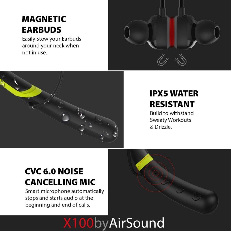 AirSound X100 Sports Wireless Bluetooth in-Ear Headphones, Magnetic Design, HD Stereo Sound & Mic AirSound X100 Sports Wireless Bluetooth in-Ear Headphones, Magnetic Design, HD Stereo Sound & Mic