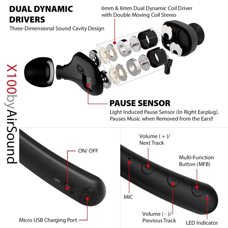 AirSound X100 Sports Wireless Bluetooth in-Ear Headphones, Magnetic Design, HD Stereo Sound & Mic AirSound X100 Sports Wireless Bluetooth in-Ear Headphones, Magnetic Design, HD Stereo Sound & Mic