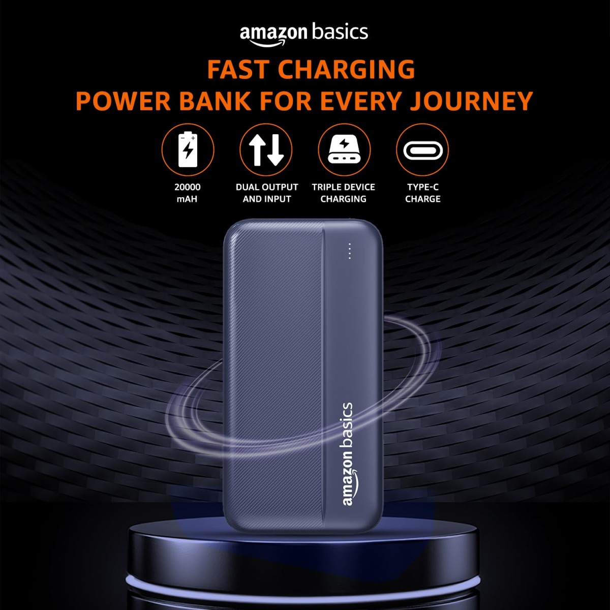 Amazon Basics 20000 mAh Power Bank | 22.5W Fast Charging | Dual Output & Input | Charge 3 Devices Simultaneously (Dark Blue)