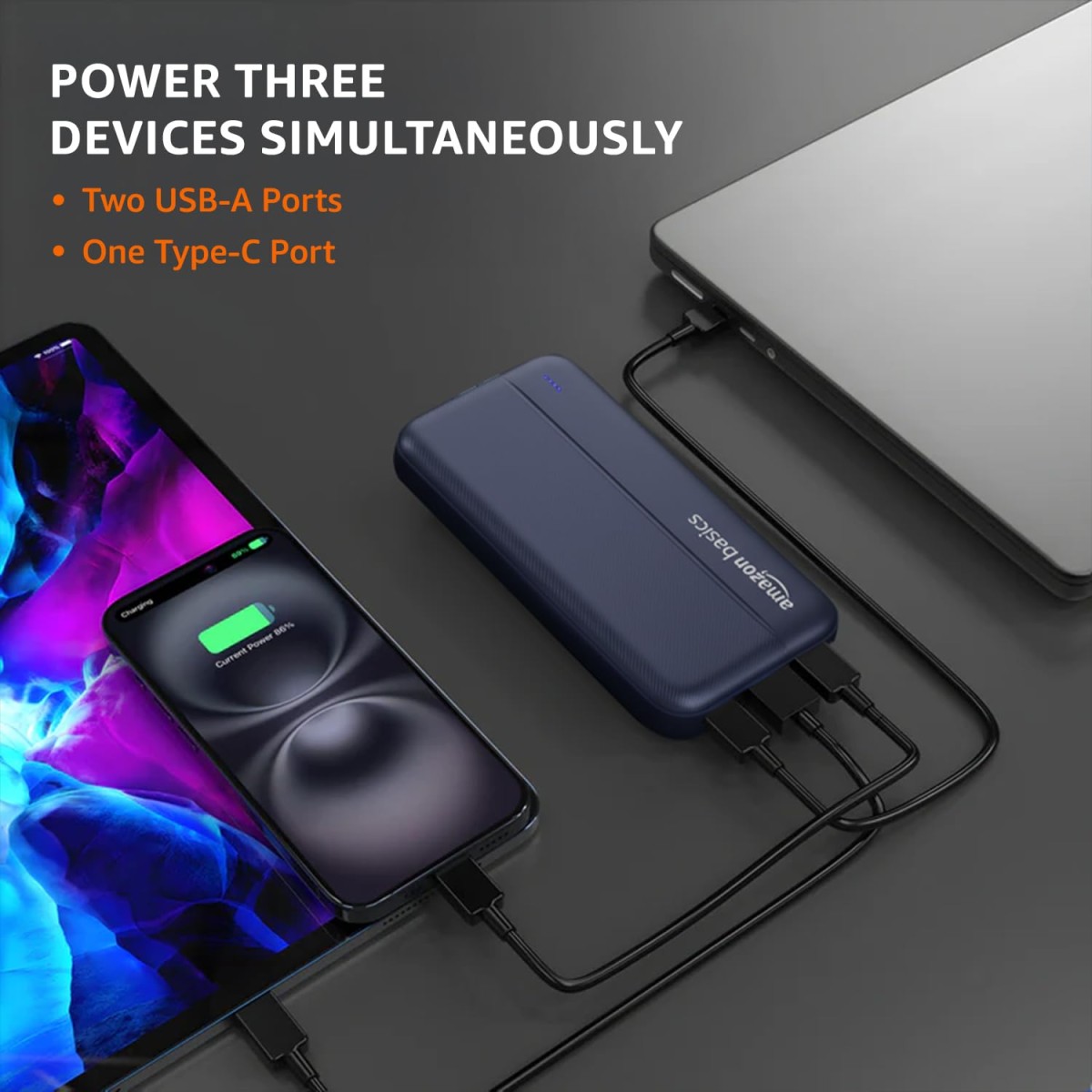Amazon Basics 20000 mAh Power Bank | 22.5W Fast Charging | Dual Output & Input | Charge 3 Devices Simultaneously (Dark Blue)
