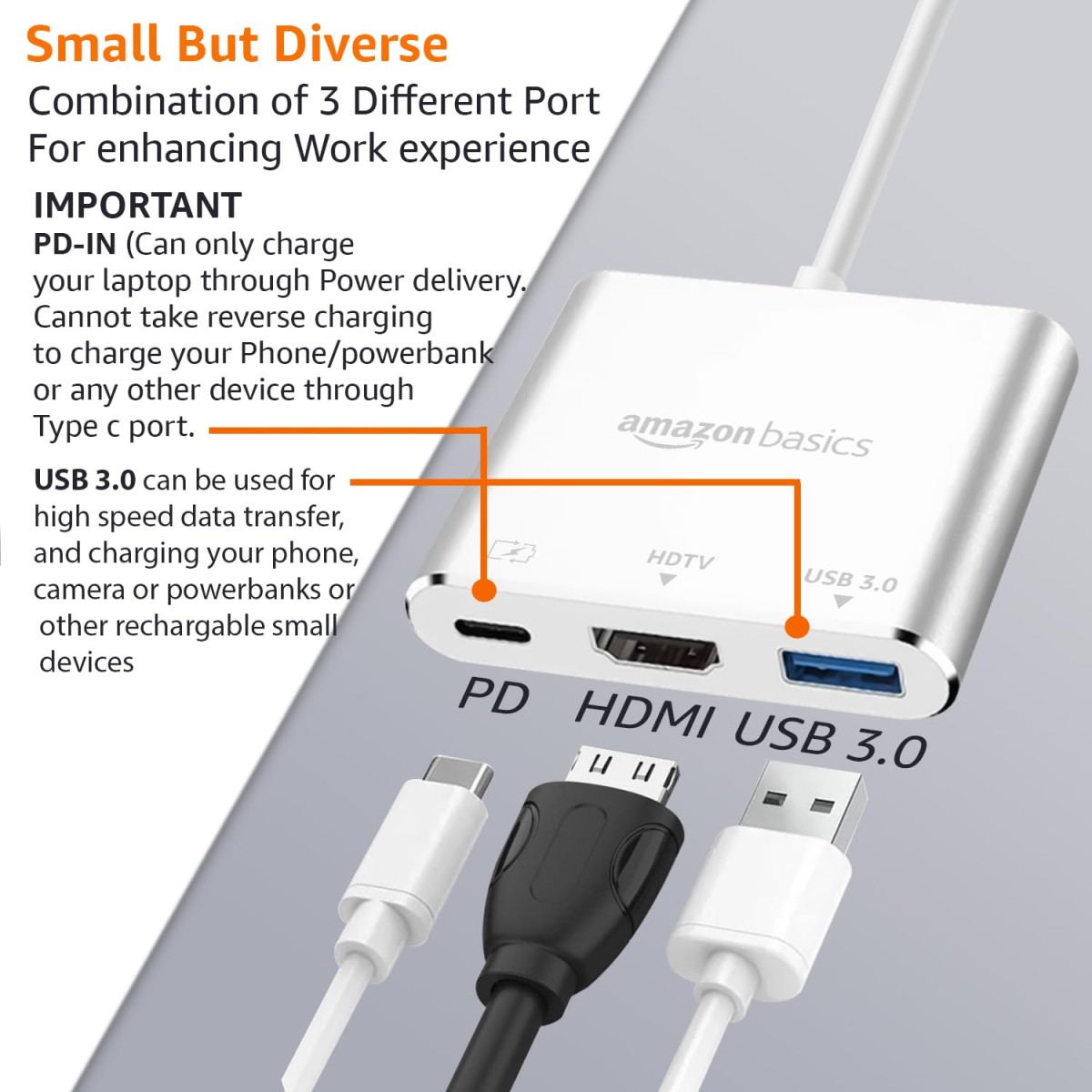 Amazon Basics 3-in-1 USB Type C to HDMI Adapter 4K@30Hz, 100W PD Fast Charging Port, USB A 3.0 @5Gbps Speed, MultiPort HUB All Type C Devices