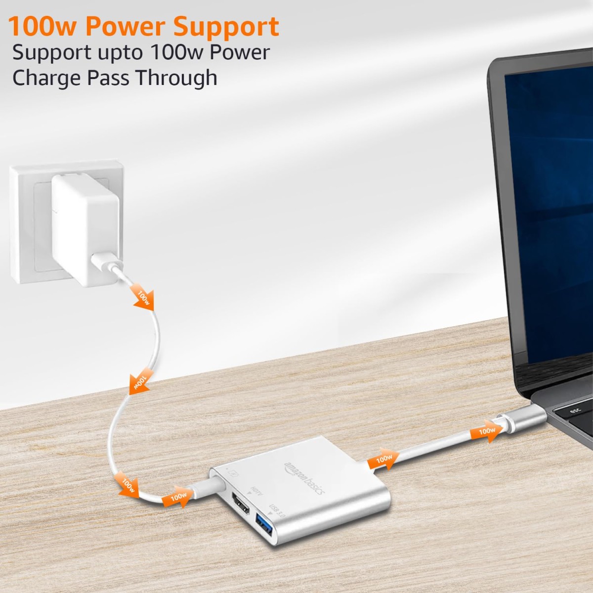 Amazon Basics 3-in-1 USB Type C to HDMI Adapter 4K@30Hz, 100W PD Fast Charging Port, USB A 3.0 @5Gbps Speed, MultiPort HUB All Type C Devices