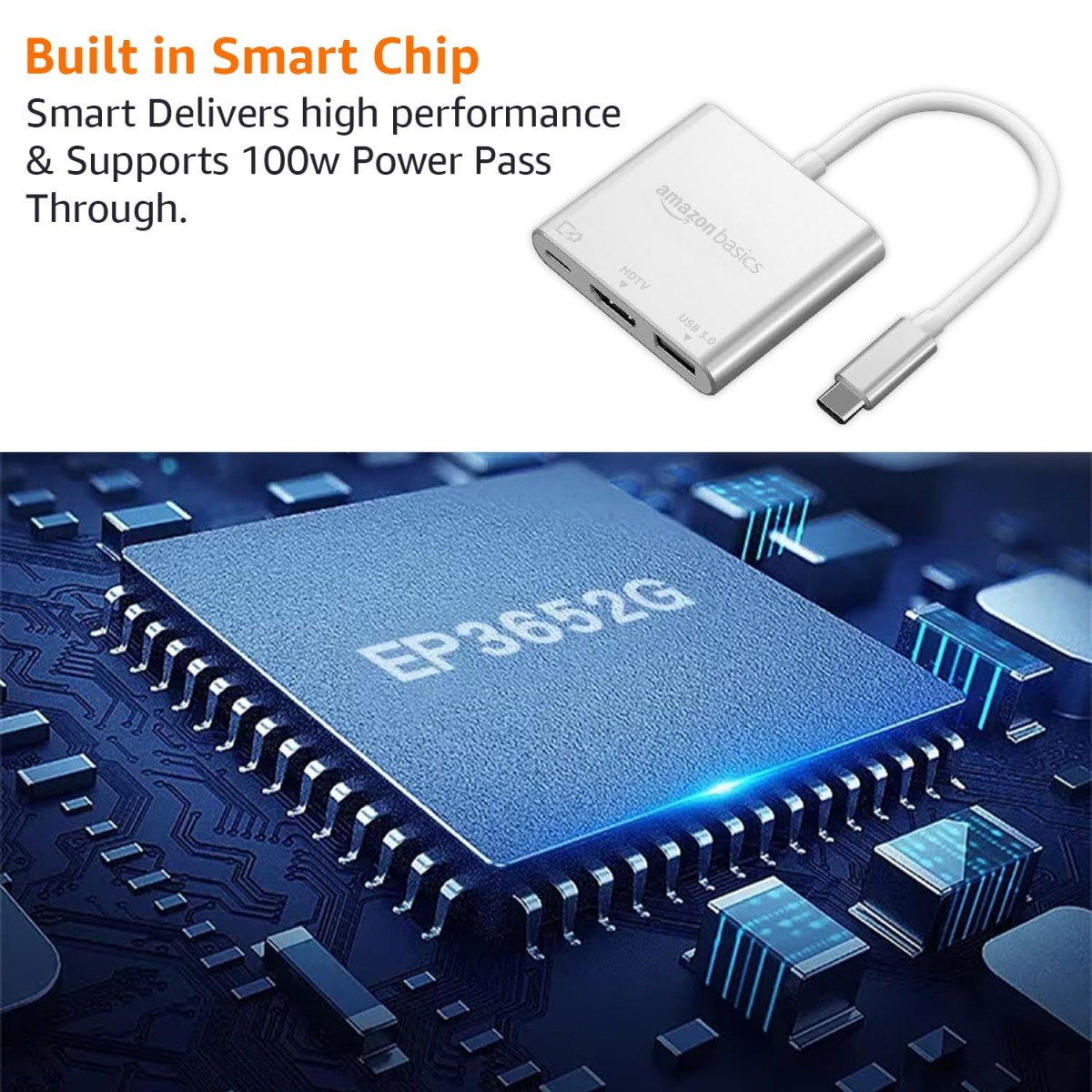 Amazon Basics 3-in-1 USB Type C to HDMI Adapter 4K@30Hz, 100W PD Fast Charging Port, USB A 3.0 @5Gbps Speed, MultiPort HUB All Type C Devices