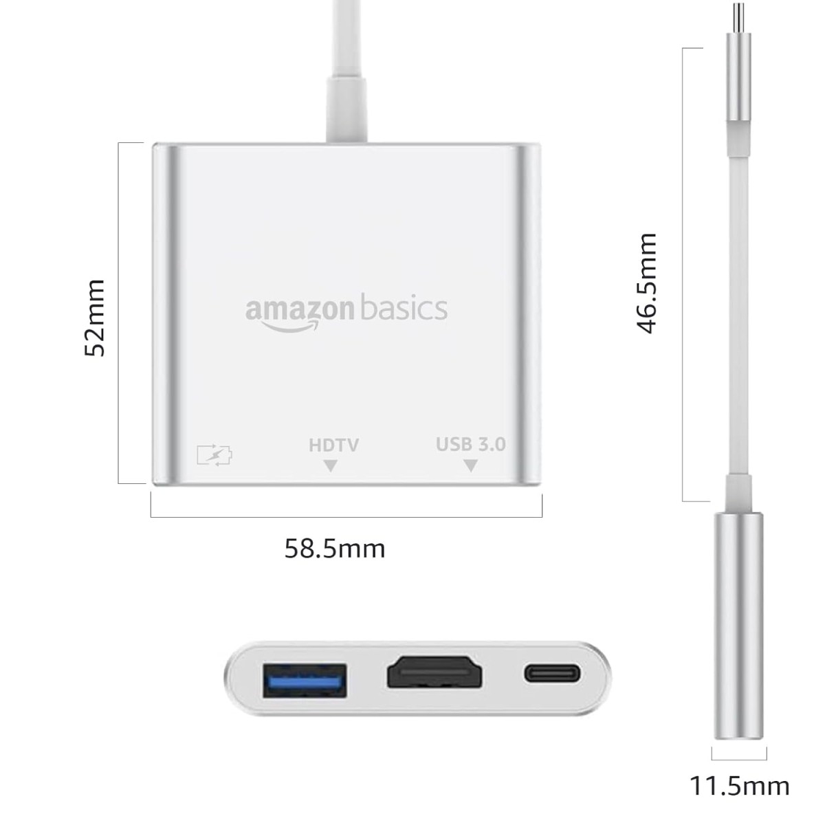 Amazon Basics 3-in-1 USB Type C to HDMI Adapter 4K@30Hz, 100W PD Fast Charging Port, USB A 3.0 @5Gbps Speed, MultiPort HUB All Type C Devices