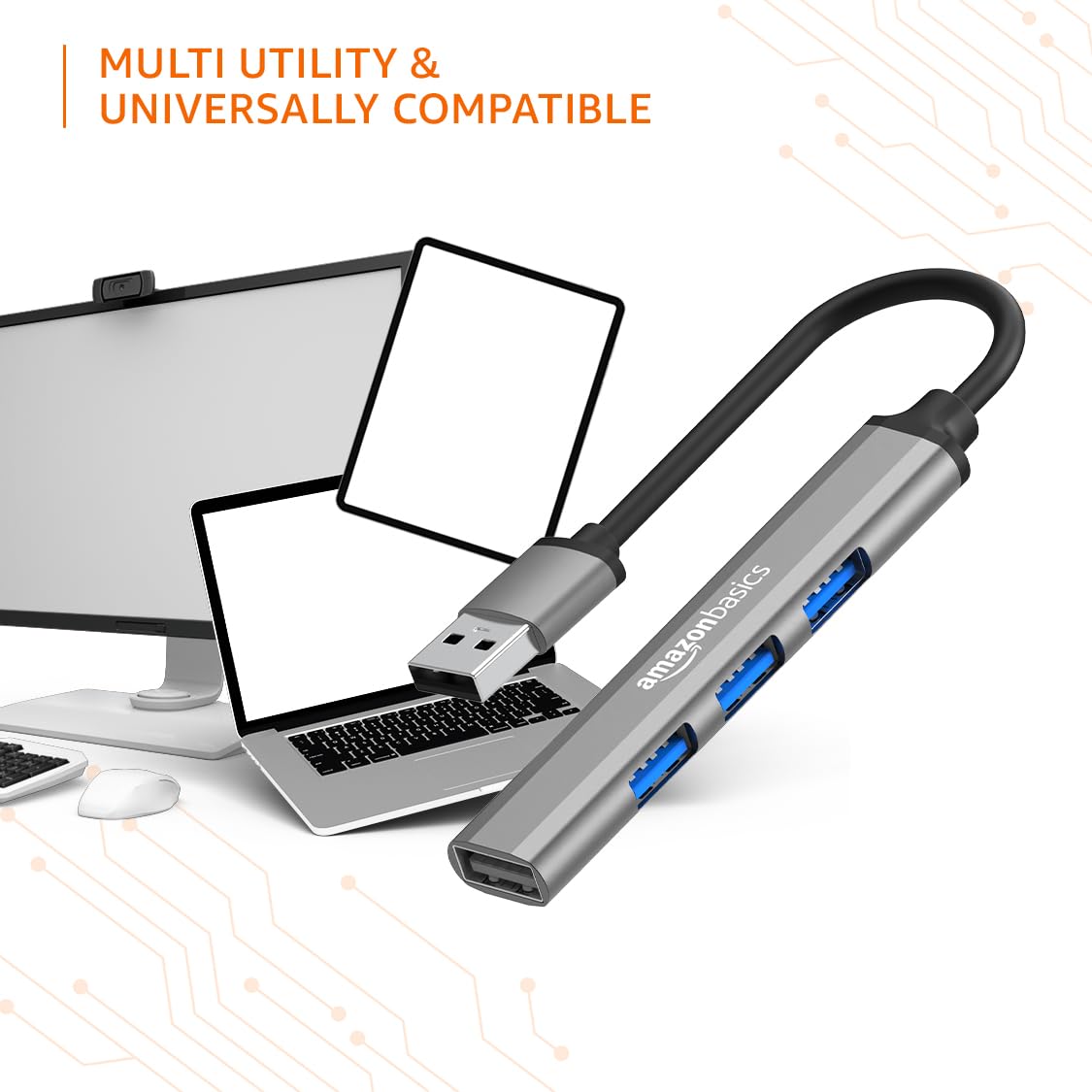 Amazon Basics 4-in-1 Hub Multiport Adapter, USB Hub with Aluminium Shell, 1 x USB 3.0 & 3 x USB 2.0 for PC, MacBooks