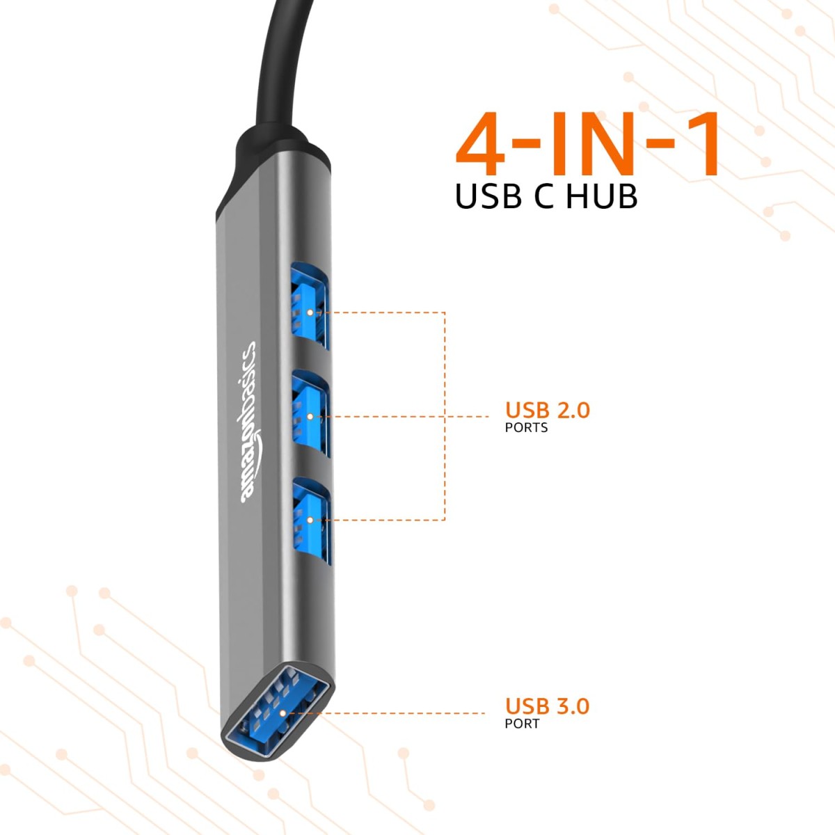 Amazon Basics 4-in-1 Hub Multiport Adapter, USB Type-C with Aluminium Shell, 1xUSB 3.0 & 3xUSB 2.0 for PC, MacBook