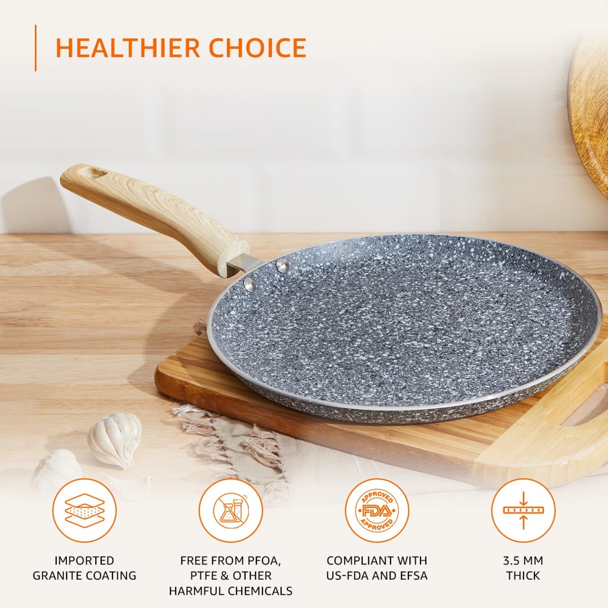 Amazon Basics Aluminium Non-Stick Dosa Tawa | Granite Finish | Induction Base | Dia:28 cm | Grey