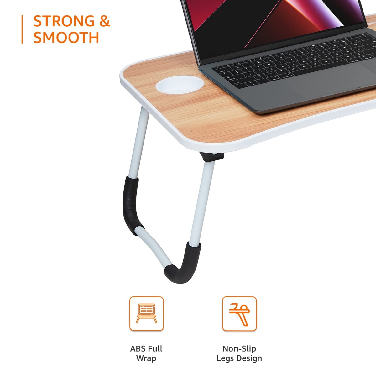 Amazon Basics Engineered Wood Foldable Laptop Table with Cup Holder, Tablet Groove and Mini Drawer (60L x 40W x 26H cm, Brown)