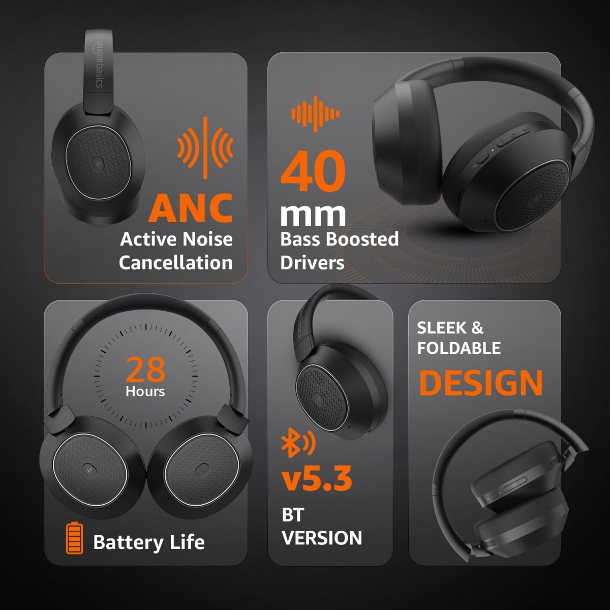 AmazonBasics Amazon Basics Pro Series ANC Over Ear Wireless Headphones, ANC (Up to 33 dB), Bluetooth 5.3 Black ABBH03 AmazonBasics Amazon Basics Pro Series ANC Over Ear Wireless Headphones, ANC (Up to 33 dB), Bluetooth 5.3 Black ABBH03
