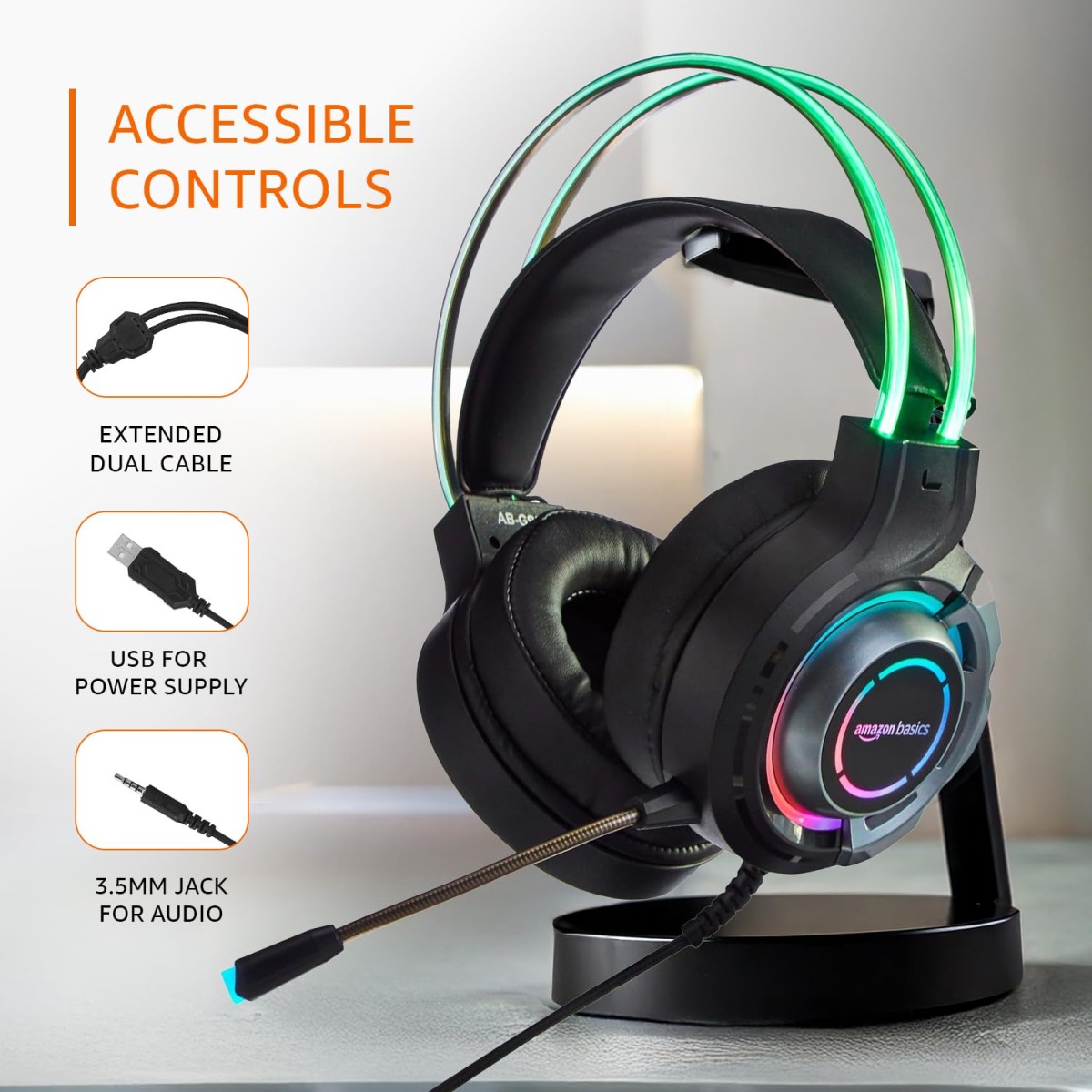AmazonBasics Amazon Basics RGB Wired Gaming On Ear Gaming Headphone, 2 Meter Braided Cable, with mic, Suspension Design, 3.5mm Connector (USB A only