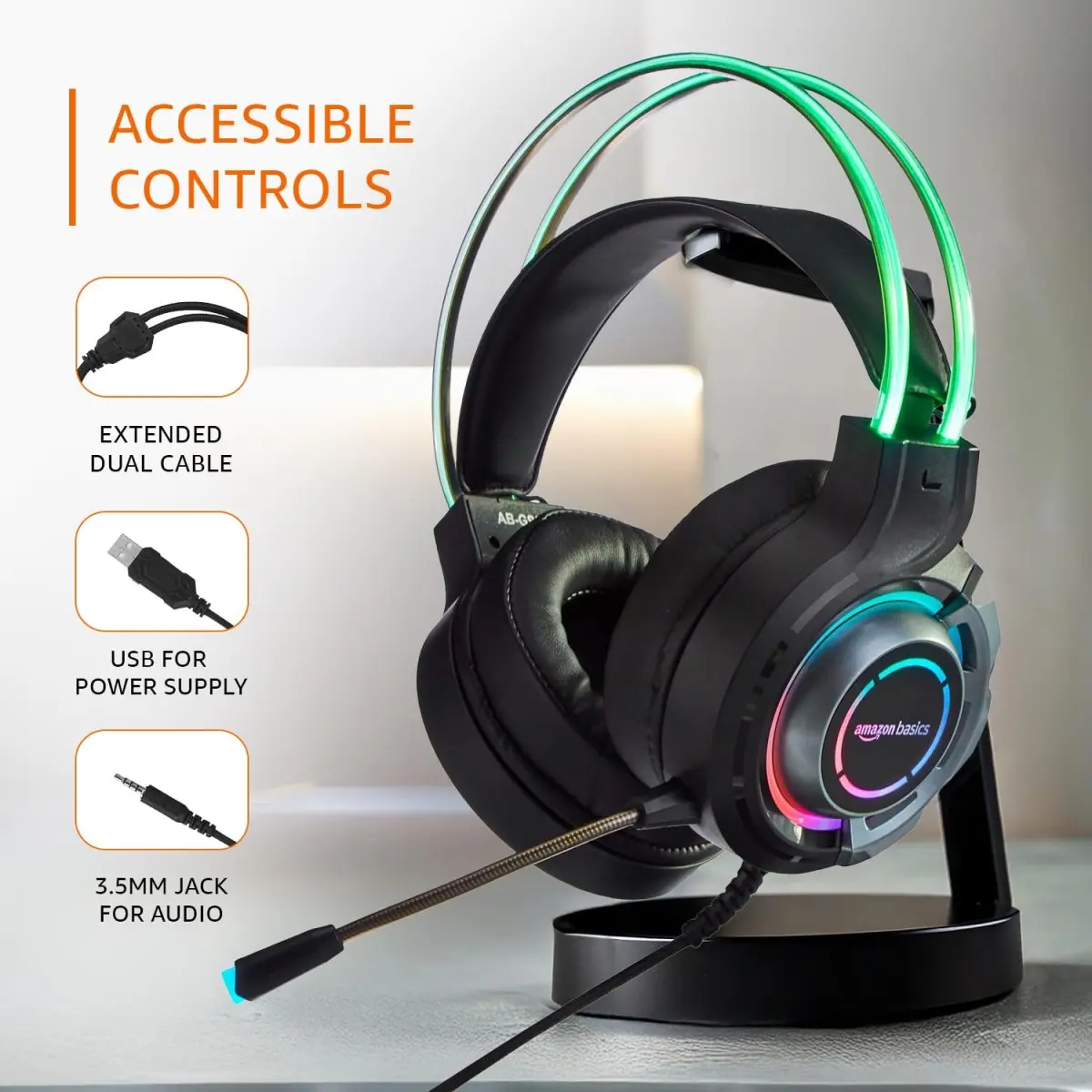 AmazonBasics Amazon Basics RGB Wired Gaming On Ear Gaming Headphone, 2 Meter Braided Cable, with mic, Suspension Design, 3.5mm Connector (USB A only