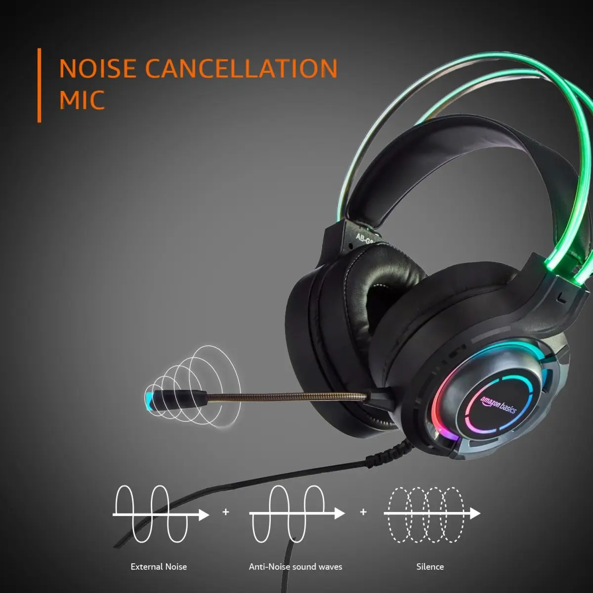 AmazonBasics Amazon Basics RGB Wired Gaming On Ear Gaming Headphone, 2 Meter Braided Cable, with mic, Suspension Design, 3.5mm Connector (USB A only