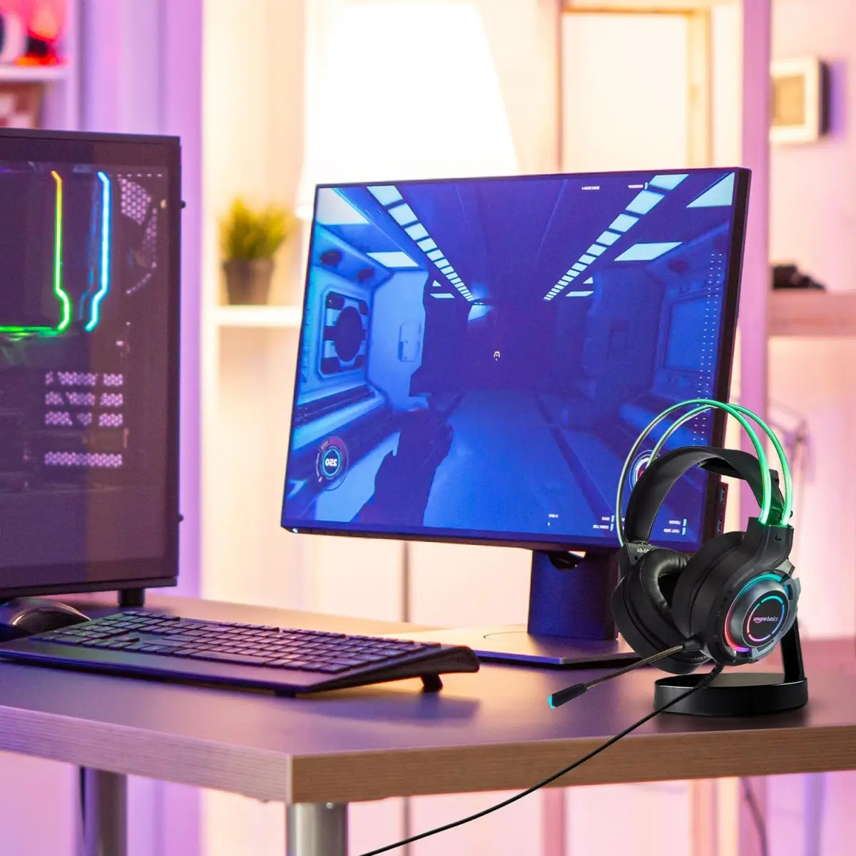 AmazonBasics Amazon Basics RGB Wired Gaming On Ear Gaming Headphone, 2 Meter Braided Cable, with mic, Suspension Design, 3.5mm Connector (USB A only