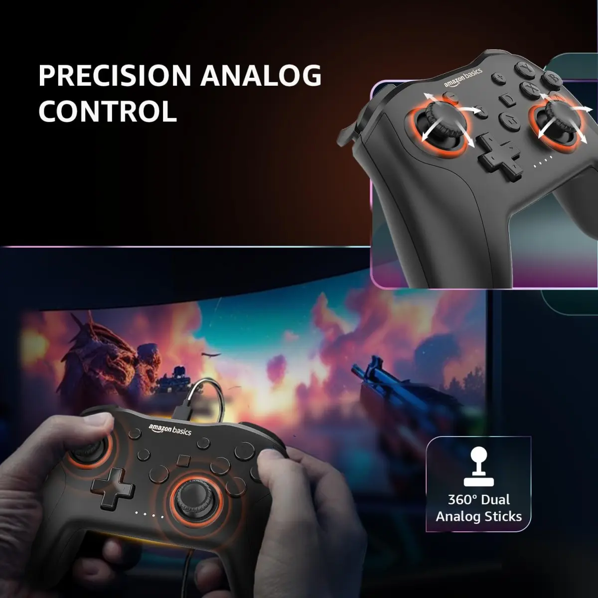 AmazonBasics Amazon Basics USB Gamepad with Turbo Mode | Dual Vibration | PS3 & PC Support | X Input & Direct Input Black