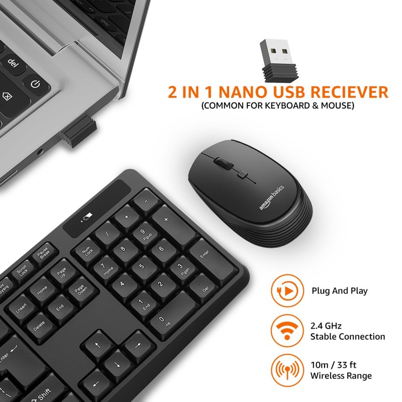 Amazon Basics USB Wireless Keyboard and Mouse Set with Nano Receiver