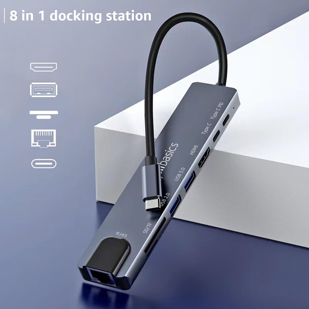 Amazon Basics USB hub 3.0 for Type-c Port,8 in 1 Adapter for pc Accessories with USB-C 4K HDMI SD/TF Ethernet Adaptor HUB for Tablet PC Phone