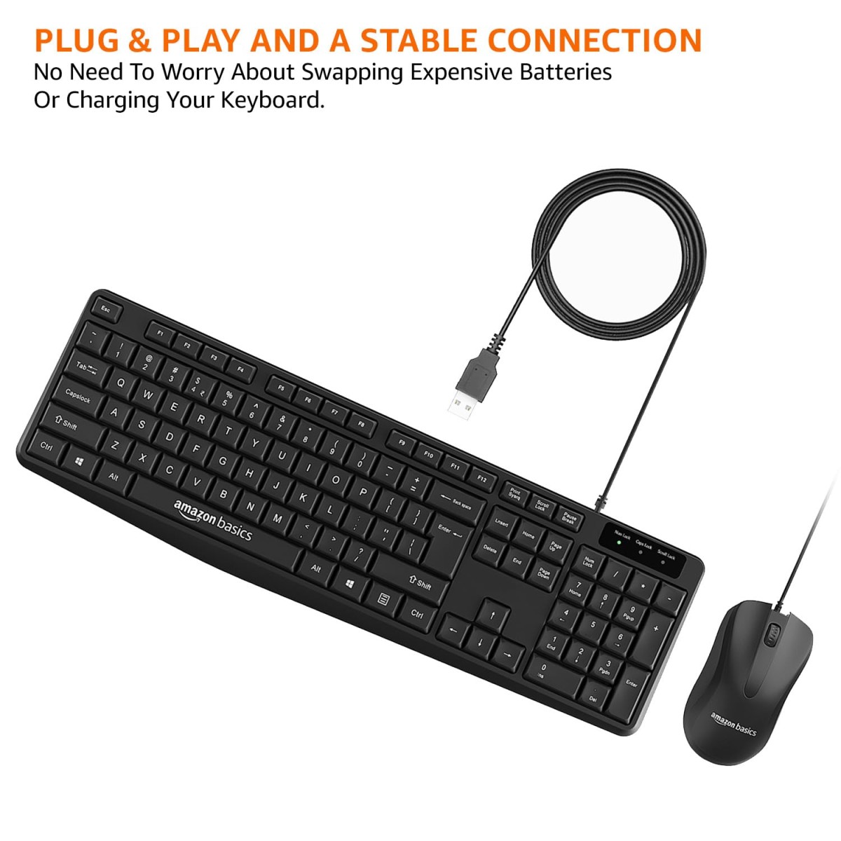 Amazon Basics Wired Keyboard and Mouse Combo l 1200 DPI l for Windows, Mac OS Computer