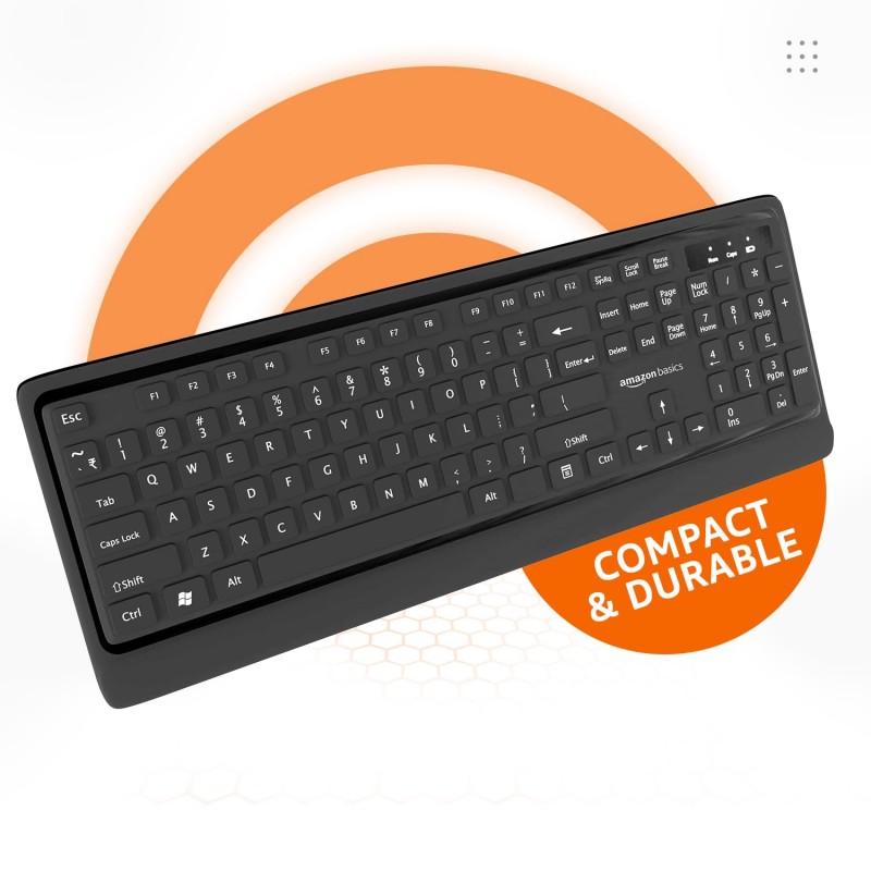 Amazon Basics Wireless Keyboard and Mouse Combo | 12 Months* Battery (Cells Included) | Silent Keys 800/1200/1600 DPI | Chiclet Keys Spill Resistant Keyboard for PC/Laptop (Black)