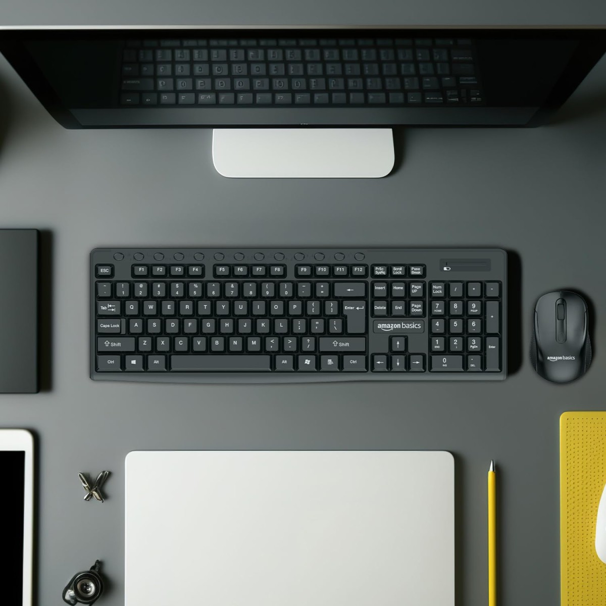 Amazon Basics Wireless Keyboard and Mouse Set | 1000 DPI Mouse | 12 Function Keys | Compatible with Mac and Windows | Silent Keys | Auto Stand-by | (Black)