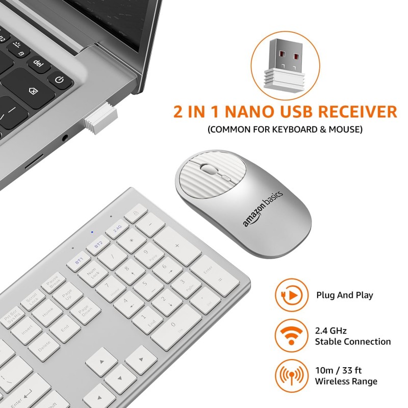 Amazon Basics Wireless Rechargeable Dual Connectivity Keyboard and Mouse Set - Multidevice Wireless Keyboard Full Size and Mouse, for Windows, Mac, Android, Smart TV, Tablet, PC, Laptop