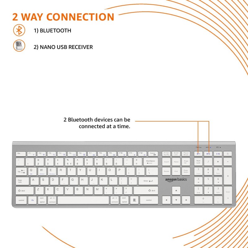 Amazon Basics Wireless Rechargeable Dual Connectivity Keyboard and Mouse Set - Multidevice Wireless Keyboard Full Size and Mouse, for Windows, Mac, Android, Smart TV, Tablet, PC, Laptop