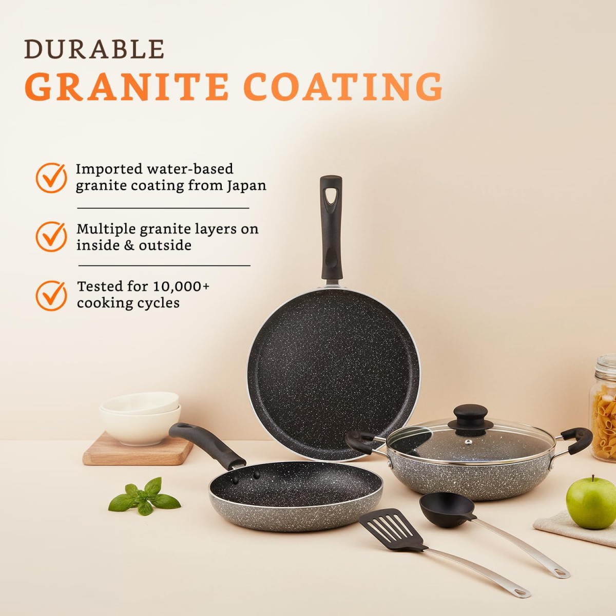 Amazon Brand - Solimo 6 Piece Non-Stick Cookware Set | Granite Finish | Induction Base | PFOA Free | HTR Exterior Coating | 25cm Tawa, 22 cm Kadai, 22cm Fry Pan, 1 Glass Lid & 2 Nylon Spatulas | Grey