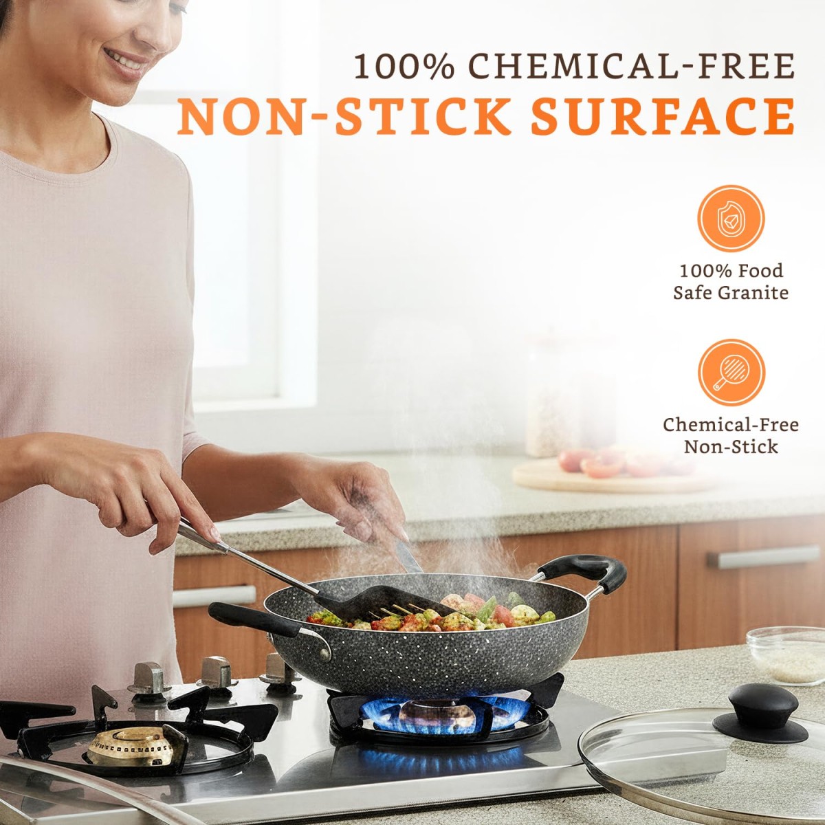 Amazon Brand - Solimo 6 Piece Non-Stick Cookware Set | Granite Finish | Induction Base | PFOA Free | HTR Exterior Coating | 25cm Tawa, 22 cm Kadai, 22cm Fry Pan, 1 Glass Lid & 2 Nylon Spatulas | Grey