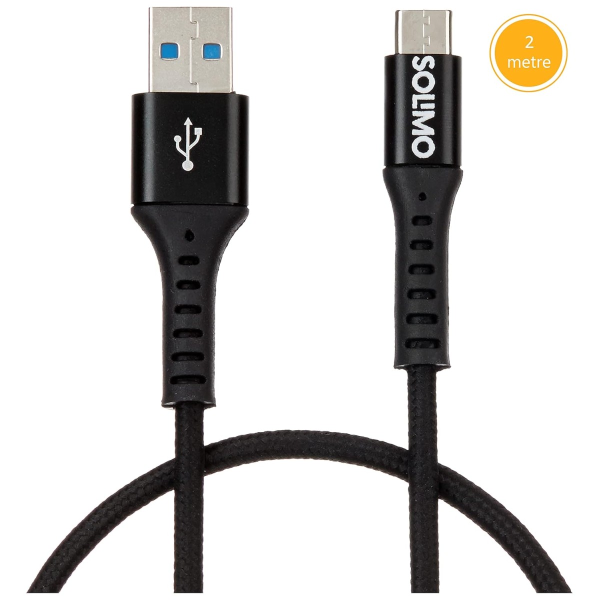 Amazon Brand - Solimo Fast Charging Braided Type C Data Cable Joint, Suitable For All Supported Mobile Phones (2 Meter, Black)